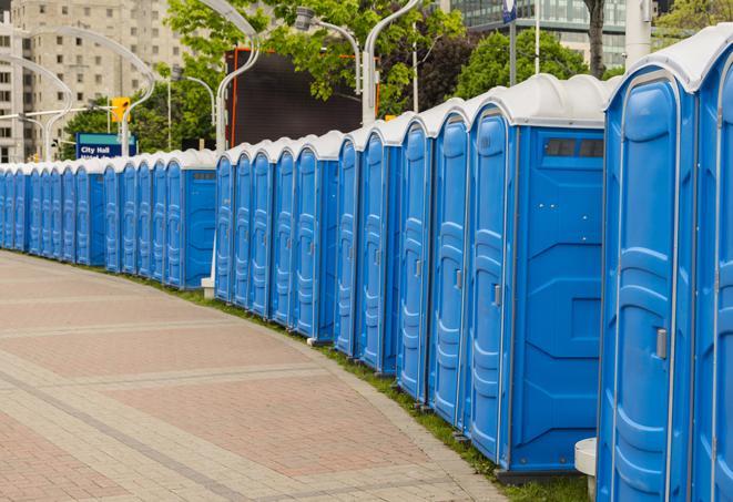 Seasonal porta potty units set up at a St. Louis, Missouri venue